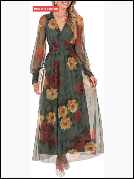 Dresses & Skirts - Women's Floral Tulle Long Sleeve V-Neck Maxi Dress - Wedding Guest